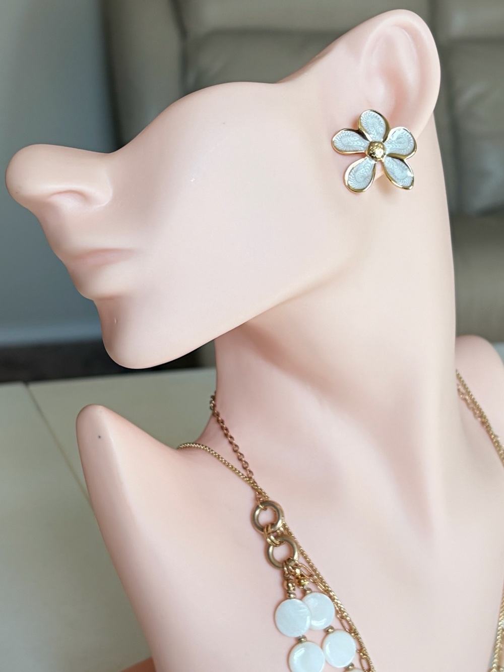 Gold and White Floral Petal Stud Earrings.